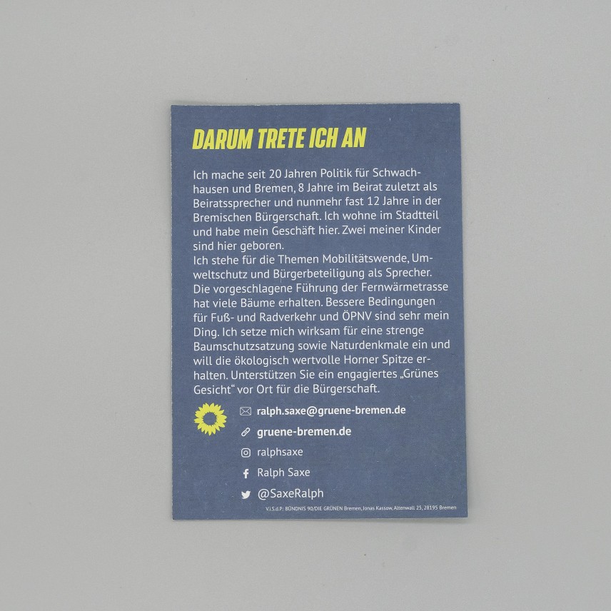 Flyer Ralph Saxe. Für Listenplatz 8 Bremen.