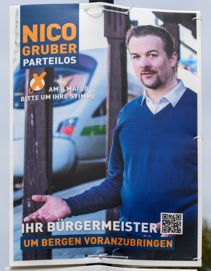 Kandidierendenplakat Ihr Bürgermeister um Bergen voranzubringen.