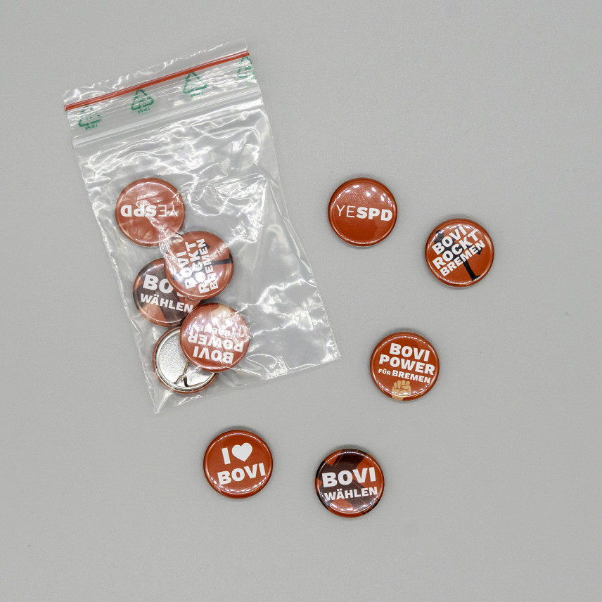 Give Away Bovi. Ansteck-Buttons.