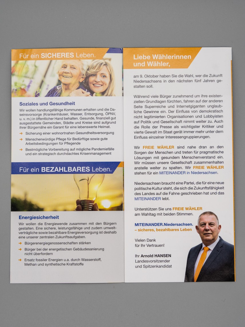 Flyer Miteinander. Niedersachsen. Unser Wahlprogramm für Niedersachsen