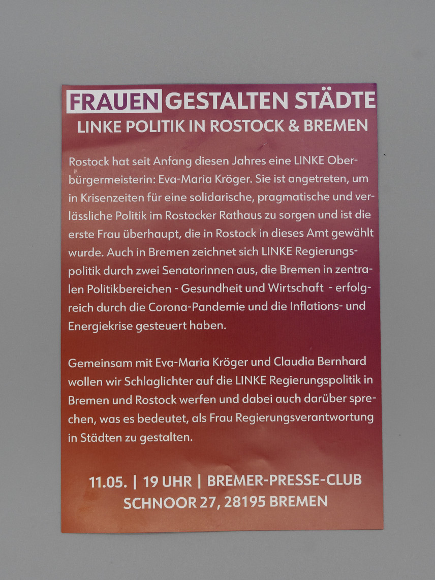 Veranstaltungsplakat Frauen gestalten Städte. Linke Politik in Rostock & Bremen.