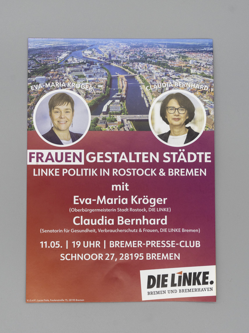 Veranstaltungsplakat Frauen gestalten Städte. Linke Politik in Rostock & Bremen.