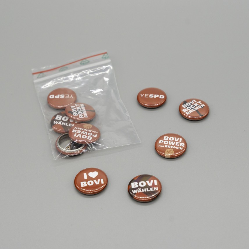 Give Away Bovi. Ansteck-Buttons.