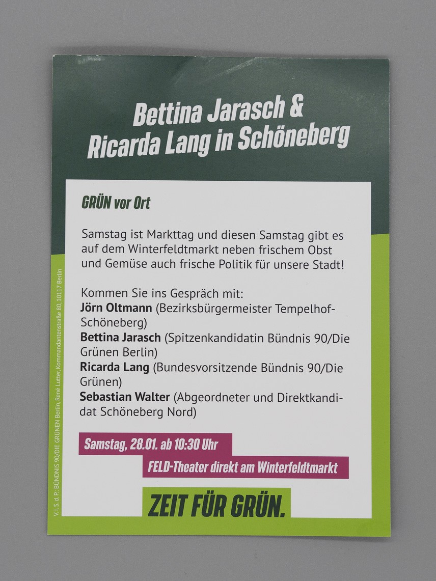 Flyer Bettina Jarasch und Ricarda Lang am Winterfeldtplatz