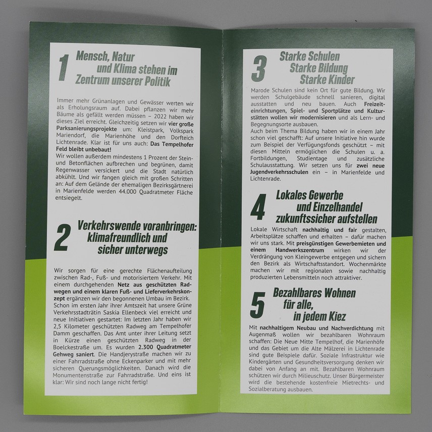 Flyer Bezirksbürgermeister für Tempelhof-Schöneberg. 5 Punkte für grüne Politik in Tempelhof-Schöneberg.