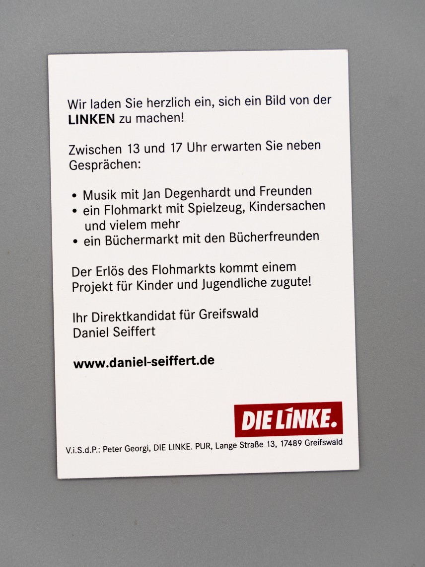 Flyer DIE LINKE vor Ort. Greifswald.