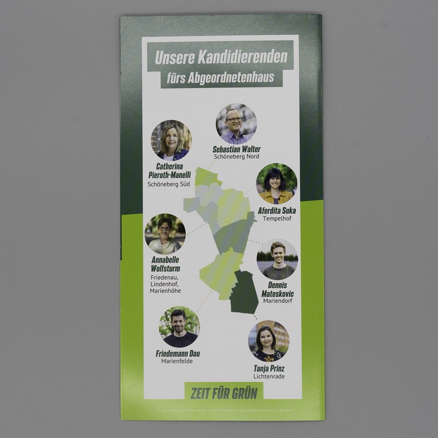 Flyer Bezirksbürgermeister für Tempelhof-Schöneberg. 5 Punkte für grüne Politik in Tempelhof-Schöneberg.