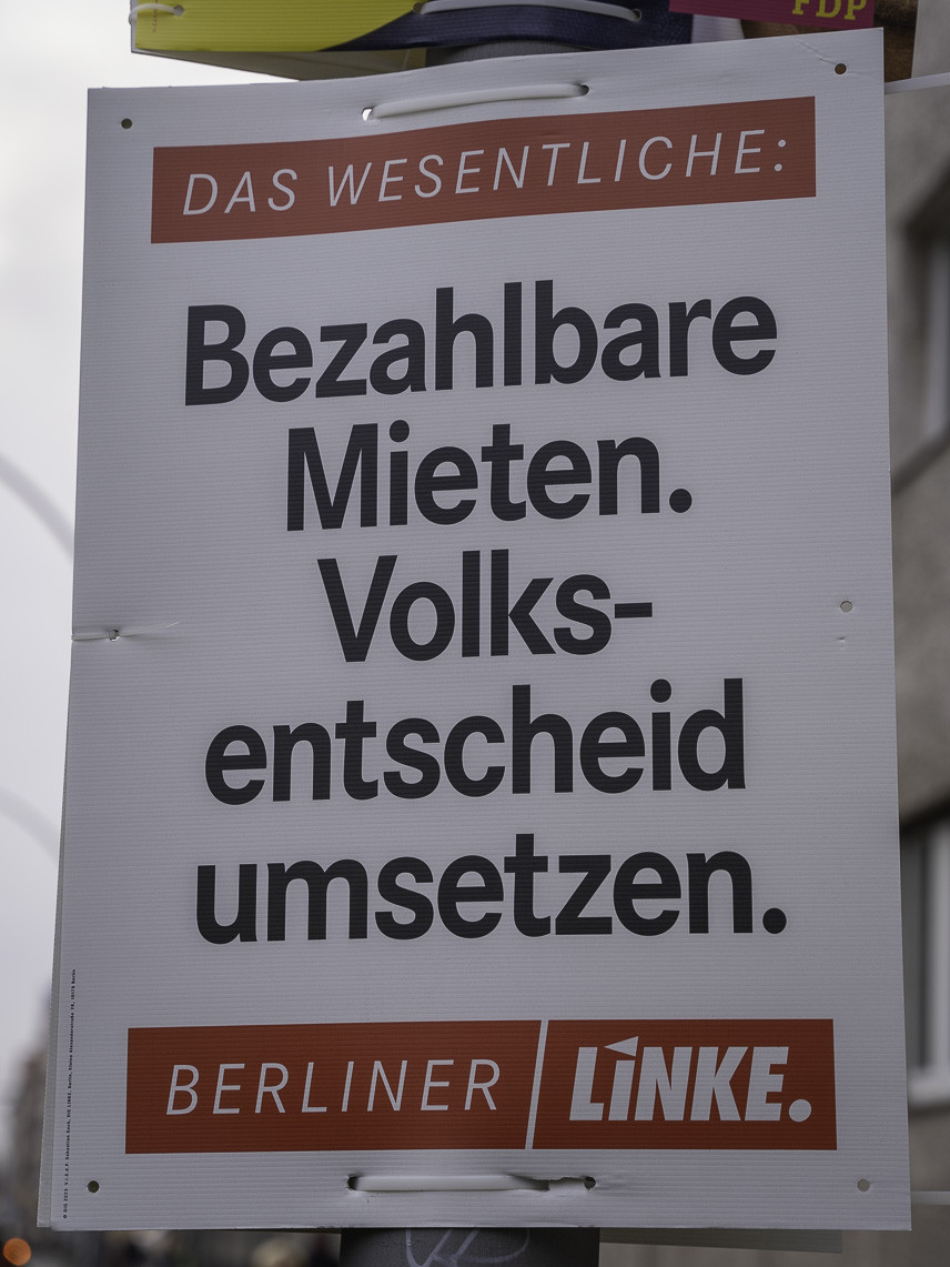 Themenplakat Das Wesentliche: Bezahlbare Mieten. Volksentscheid umsetzen.