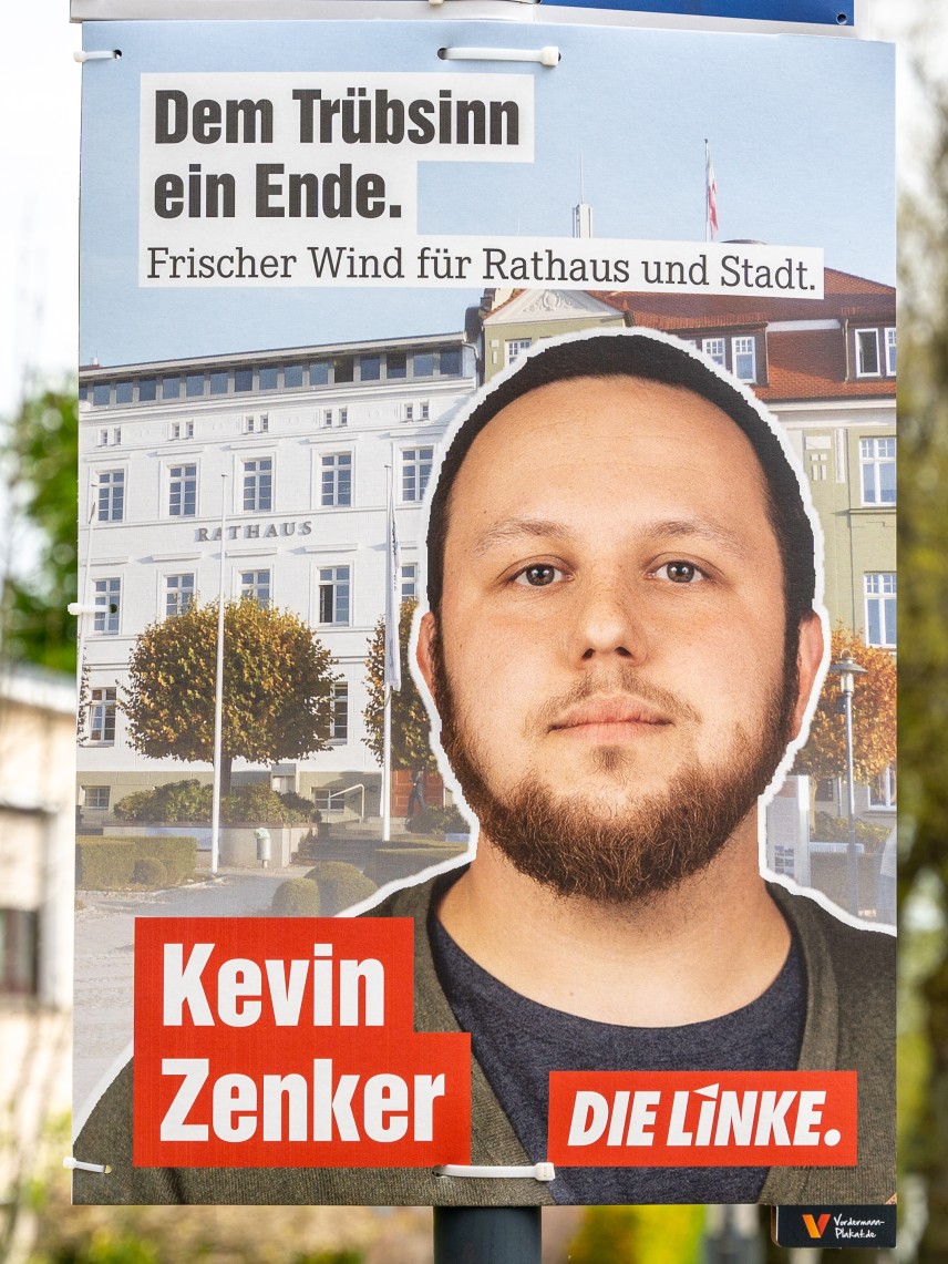 Kandidierendenplakat Dem Trübsinn ein Ende. Frischer Wind für Rathaus und Stadt.