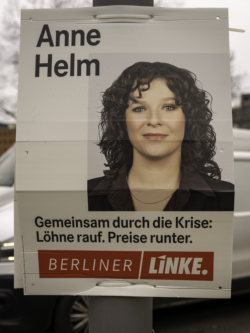 Kandidierendenplakat Anne Helm. Gemeinsam durch die Krise: Löhne rauf. Preise runter.