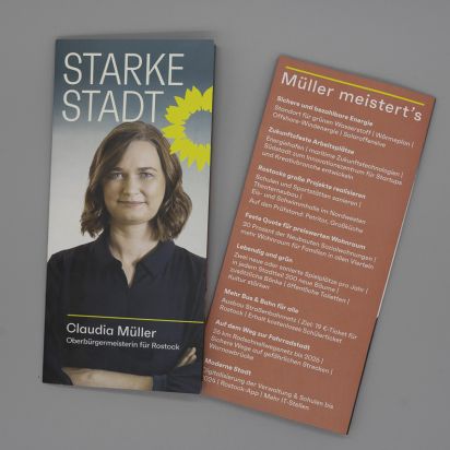 Flyer Starke Stadt. Claudia Müller. Oberbürgermeisterin für Rostock.