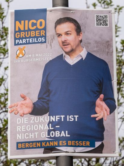 Kandidierendenplakat Die Zukunft ist regional - nicht global. Bergen kann es besser.