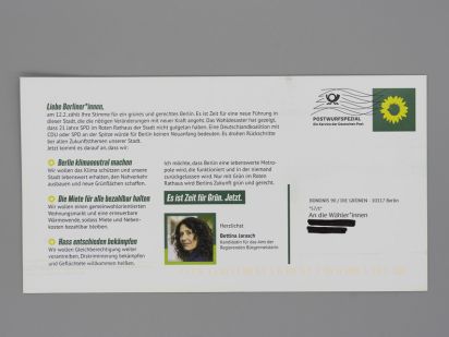 Postkarte Für ein gerechtes Berlin bitte wenden. Zeit für Grün.